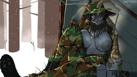 anthro areola army_hat army_uniform big_areola big_breasts blue_eyes bodily_fluids boots bottomwear breast_squish breasts camo camo_bottomwear camo_clothing camo_jacket camo_pants camo_print cigarette clothed clothing coat dog_tag_necklace female footwear fur grey_body grey_fur horn open_clothing open_coat open_topwear outside pants pattern_bottomwear pattern_clothing pattern_pants plant shoes smoking smoking_cigarette snow snowing solo squish sweat topwear tree saintversa josephine bovid caprine goat mammal 16:9 absurd_res hi_res widescreen