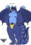 absurd_res anthro barazoku belly belly_scales blue_body blue_eyes bulge censored_text christopher_wyvern claws clenched_teeth clothed clothing discomfort dragon genitals hands_on_hips hi_res holding_clothing holding_object holding_underwear male markings marvolk membrane_(anatomy) membranous_wings musclegut muscular mythological_creature mythological_scalie mythology nipple_fetish nipple_piercing nipples partially_clothed pecs penis penis_base piercing profanity pubes scales scalie slightly_chubby slightly_chubby_male solo speedo swimwear tail tail_markings tail_tuft teeth thick_thighs thight_clothing tuft underwear wing_claws wings yellow_clothing