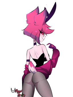 animal_ears bareback bunny_costume butt choker clothing costume crossgender curvy_figure eyewear fake_ears fake_rabbit_ears female fishnet_clothing fishnet_legwear glasses gloves hair handwear jewelry legwear logo mtf_crossgender necklace pink_hair rear_view red_eyes simple_background small_waist solo tail text thick_thighs white_background wide_hips usagi_star hazbin_hotel hellaverse alastor_(hazbin_hotel) animal_humanoid demon humanoid artist_logo artist_name digital_media_(artwork)