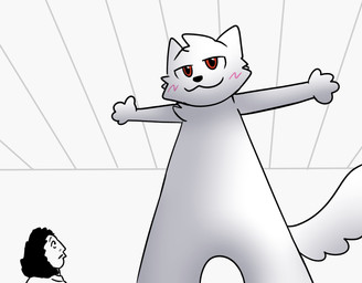 4_fingers anthro ceiling duo fingers fur male mouth_closed size_difference standing t-pose white_body white_fur unknown_artist boy_kisser_(meme) silly_cat_(mauzymice) domestic_cat felid feline felis human mammal 2023 hi_res meme shaded
