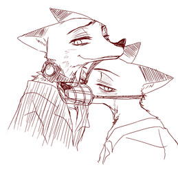 anthro clothed clothing duo fur muzzle_(object) muzzled shirt simple_background square_crossover topwear white_background wire_basket_muzzle puki disney zistopia zootopia nick_wilde canid canine fox mammal red_fox true_fox 2016 hi_res monochrome sketch