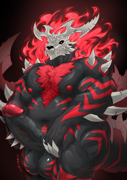 5_fingers balls bone claws erection fingers genitals humanoid_genitalia humanoid_hands humanoid_penis musclegut muscular nipples penis red_nipples skull skull_head solo yingyadark mythology guzzlord_(character) dragon mythological_creature mythological_scalie scalie absurd_res hi_res signature