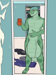 animal_genitalia anthro balls big_balls big_penis blue_hair bodily_fluids closet clothes_on_floor cum cum_on_wall electronics genital_fluids genitals hair hand_on_belly looking_pleasured male mirror penile penis phone selfie sheath smile solo negativetheory toby_(docandmharti) lizard reptile scalie 3:4 hi_res