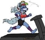 anthro bra breasts cleavage clothed clothing electronics exercise female headphones running solo sports_bra text treadmill underwear half-dude five_nights_at_freddy's five_nights_at_freddy's:_security_breach scottgames steel_wool_studios roxanne_wolf canid canine canis mammal wolf 2022 english_text hi_res