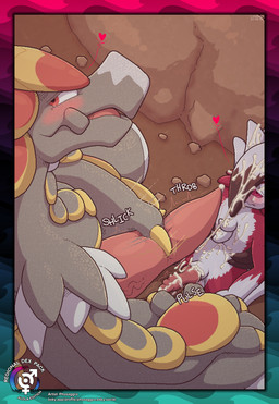 animal_genitalia animal_penis anthro blush bodily_fluids border bukkake canine_genitalia canine_penis countershading cum cum_drip cum_on_belly cum_on_body cum_on_chest cum_on_face cum_on_fur cum_on_penis cum_string dipstick_legs dirt dominant dominant_male dripping duo embarrassed erection fur genital_fluids genitals gloves_(marking) grey_body grey_scales hand_on_leg heart_symbol high-angle_view interspecies kneeling knot looking_at_another looking_at_partner looking_at_viewer looking_back looking_back_at_viewer looking_up male male/male markings masturbation messy motion_lines onomatopoeia open_mouth outside outside_sex penis pink_eyes pink_penis pink_sclera pink_tongue red_body red_eyes red_fur red_tuft rock scales sex sheath sitting size_difference sound_effects submissive submissive_male tapering_penis text throbbing throbbing_penis tongue tuft vein veiny_penis white_body white_countershading white_fur white_markings white_scales white_sheath white_tuft yellow_markings conditional_dnp phosaggro mythology nintendo pokemon canid canine dragon generation_7_pokemon kommo-o lycanroc mammal midnight_lycanroc mythological_creature mythological_scalie pokemon_(species) scalie 2025 aliasing dated digital_media_(artwork) dithering hatching_(art) hi_res shaded signature url watermark
