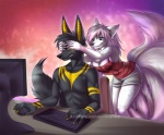 anthro bent_over black_body black_fur black_hair black_nose blue_body blue_fur blue_spots bottomwear breasts casual_nudity cleavage clothed clothed/nude clothed_anthro clothed_female clothing computer covering covering_eyes covering_face duo ear_piercing electronics eyebrows eyelashes female fluffy fluffy_tail fur gradient_background grey_eyes hair humanoid_hands inside keyboard long_hair male markings multi_tail multicolored_body multicolored_fur multicolored_hair nude nude_anthro piercing pink_body pink_fur pink_hair purple_background red_background shirt shorts simple_background sitting smile spots spotted_body spotted_fur standing tail teeth topwear two_tone_body two_tone_fur two_tone_hair white_body white_fur white_hair yellow_body yellow_fur imanika anubislivess shirowretched anubian_jackal canid canine canis fox jackal mammal 2015 digital_media_(artwork) shaded