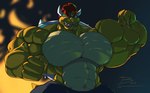 abs anthro barazoku biceps big_muscles bottomwear claws clothing fire flexing hair horn huge_muscles male muscular muscular_anthro muscular_male pants pecs red_eyes red_hair shell smile smirk solo teeth yellow_body unusualboo54 illumination_entertainment mario_bros nintendo the_super_mario_bros_movie bowser koopa reptile scalie turtle absurd_res hi_res shaded