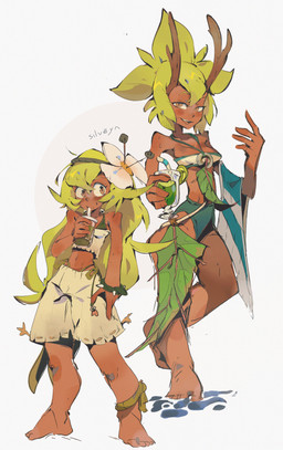 accessory bandeau barefoot beverage blush bodily_fluids bottomwear brown_body brown_skin chest_wraps clothing drinking duo feet female flower flower_in_hair green_hair hair hair_accessory holding_beverage holding_object horn leaf long_hair looking_aside looking_at_viewer plant shorts standing sweat topwear underwear wraps yellow_eyes young silveyn ankama wakfu amalia_sheran_sharm elemental_creature elemental_humanoid humanoid absurd_res full-length_portrait hi_res portrait