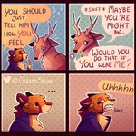 1:1 antlers bodily_fluids border comic crying deer dialogue duo ears_down english_text finn_(glassshine) giant_squirrel glassshine hi_res horn indian_giant_squirrel mammal penny_(glassshine) pivoted_ears red_border rodent sciurid simple_background simple_eyes size_difference tears text tree_squirrel