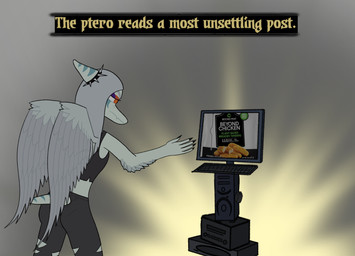 anthro blue_body clothed clothing computer electronics feathered_wings feathers female food hair humor long_hair long_snout makeup orange_eyes rear_view snout solo text wings unknown_artist cavemanon_studios darkest_dungeon goodbye_volcano_high ko_op_(game_developer) snoot_game fang_(gvh) nugget prehistoric_species pterosaur reptile scalie crossover english_text