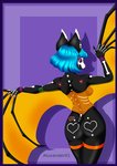 abstract_background anthro bat_wings black_body black_eyes blue_hair bone breasts butt butt_focus clothing female hair heart_symbol legwear looking_at_viewer markings mask membrane_(anatomy) membranous_wings multicolored_body nude occult_symbol pentagram purple_background purple_sclera simple_background skull_mask solo stockings symbol tattoo text translucent translucent_wings white_body wings aluxander01 bat mammal