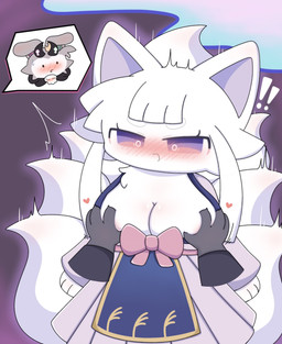 9_tails anthro areola asian_clothing big_breasts big_ears blush blush_lines breast_squish breasts clothed clothing east_asian_clothing eyelashes female first_person_view front_view fur group heart_symbol japanese_clothing kimono male male/female multi_tail pink_areola squish tail trio white_body white_fur caroll asian_mythology devil_connection east_asian_mythology makemon mythology devilun_(makemon) tamamo_no_mae_(makemon) canid canine demon fox fox_spirit mammal hi_res