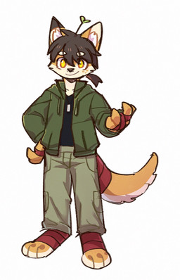 anthro black_body black_clothing black_ears black_fur black_hair black_nose black_topwear bottomwear closed_smile clothed clothing dog_tags front_view fur green_clothing green_jacket green_topwear grey_bottomwear grey_clothing grey_pants hair hand_on_hip jacket looking_at_viewer male mouth_closed orange_body orange_ears orange_fur pants simple_background smile solo topwear unsigned white_background yellow_eyes asnnonaka full-length_portrait hi_res portrait