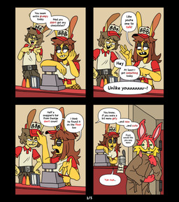 anthro biped bottomwear breasts brown_clothing brown_hair clothed clothing dialogue eyelashes female freckles hair pupils red_body smile speech_bubble text topwear yellow_body ponehanon big_bun_burgers dale_(ponehanon) lagomorph leporid mammal rabbit comic english_text hi_res