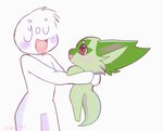 ambiguous_gender animated anthro blush carrying_another dangling duo excited feral generation_9_pokemon green_body green_markings humanoid markings nintendo noarustar open_mouth pokemon pokemon_(species) red_eyes short_playtime smile sprigatito tail tail_motion tailwag ych_(character)