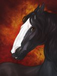 ambiguous_gender black_body black_hair black_mane brown_eyes facial_markings feral frown hair head_markings looking_at_viewer mane markings simple_background solo teeth yfir clyde_(wasen) draft_horse equid equine horse mammal 3:4 hi_res