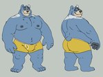 anthro belly big_belly black_nose blue_body blue_fur bulge butt clothing eyewear front_and_back fur glasses humanoid_hands love_handles male moobs navel nipples one_eye_closed overweight overweight_male simple_background solo underwear wink yellow_clothing yellow_underwear bearinbriefs russell_sotelo bear mammal 2023 4:3 hi_res