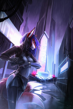 5_fingers anthro blue_eyes blue_hair clothed clothing female fingers future gun hair holding_gun holding_object holding_ranged_weapon holding_weapon raining ranged_weapon solo weapon mindmachine anubian_jackal canid canine canis jackal mammal 2018 hi_res