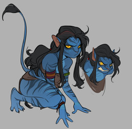 angry annoyed anthro armwear bared_teeth biped black_hair blue_body blush bottomwear breasts clothed clothing female grey_background hair jewelry legwear loincloth long_hair long_tail red_eyes sharp_teeth shirt simple_background solo tail teeth thick_thighs thigh_highs tongue tongue_out topwear tribal tribal_clothing tribal_jewelry tube_top unimpressed yellow_eyes yellow_sclera glacierclear james_cameron's_avatar alien felid mammal na'vi 2022 absurd_res digital_media_(artwork) hi_res