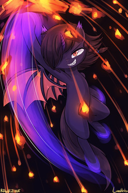 action_pose ambiguous_gender back_wings bat_wings black_background black_body brown_hair eyebrows feral flying front_view grin hair hitting horn membrane_(anatomy) membranous_wings pose pupils quadruped red_eyes sharp_teeth simple_background slit_pupils smile solo teeth unicorn_horn wings lumineko hasbro my_little_pony mythology equid equine mammal mythological_creature mythological_equine unicorn 2025 2:3