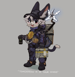 anthro backpack beverage black_body black_eyes black_fur black_nose clothed clothing cute_fangs dipstick_tail fangs footwear fur grey_background hair hat headgear headwear holding_beverage holding_object holding_suitcase inner_ear_fluff male markings open_mouth open_smile shoes simple_background smile solo standing suitcase tail tail_markings teeth text tuft wearing_hat white_body white_fur white_hair white_inner_ear_fluff co2killsu death_stranding monster_energy domestic_cat felid feline felis mammal 2025 absurd_res english_text hi_res