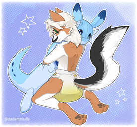 abdl anthro bodily_fluids brown_body brown_fur clothed clothing diaper diaper_fetish diaper_only eyewear female fur genital_fluids glasses grey_body grey_fur hair hug hugging_object plushie solo topless unclean_diaper urine used_diaper using_diaper wearing_diaper wearing_glasses wet_diaper wetting wetting_diaper white_body white_fur white_hair obedientmirelle palworld pocketpair canid canine chillet fox mammal marble_fox pal_(species) red_fox true_fox absurd_res hi_res