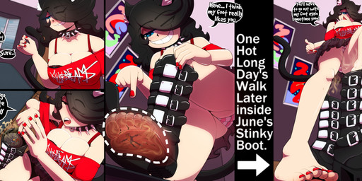 anthro bodily_fluids breasts butt dialogue duo extreme_size_difference feet female foot_fetish foot_focus foot_play humanoid_feet insole low-angle_view macro micro plantigrade size_difference smelly speech_bubble sweat sweaty_feet text trampling trapped_in_clothing trapped_in_footwear trapped_in_shoe underfoot junethekitty felid feline humanoid mammal absurd_res english_text hi_res