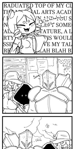 after_vore anthro armor belly big_belly breasts butt clothing female forest group hat headgear headwear male overweight plant tail tapering_tail text tree vore fourofour felid feline human humanoid kobold mammal scalie 2024 comic english_text hi_res monochrome