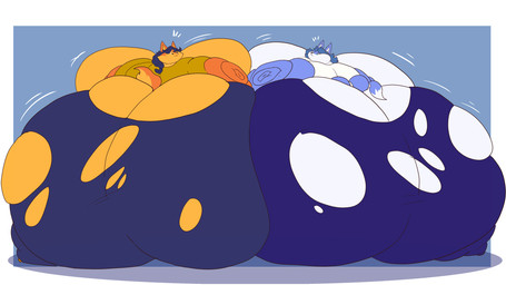 anthro ass_to_ass big_breasts big_butt big_cheeks black_eyes black_nose blue_background blue_body blue_bottomwear blue_clothing blue_ears blue_eyes blue_hair blue_pants blue_tail border bottomwear breasts brown_clothing brown_shirt brown_topwear butt butt_squish chubby_cheeks clothing dipstick_tail duo fat_rolls female hair huge_breasts huge_butt huge_cheeks hyper hyper_breasts hyper_butt markings morbidly_obese morbidly_obese_anthro morbidly_obese_female motion_lines multicolored_body obese obese_anthro obese_female open_mouth open_smile orange_body orange_ears orange_tail overweight overweight_anthro overweight_female pants rear_view red_mouth shirt simple_background sitting smile smiling_at_another squish tail tail_markings tan_body tan_inner_ear tan_tail tight_clothing topwear torn_bottomwear torn_clothing torn_pants two_tone_body two_tone_tail white_body white_border white_clothing white_inner_ear white_shirt white_tail_tip white_topwear adansin nintendo sly_cooper_(series) sony_corporation sony_interactive_entertainment star_fox sucker_punch_productions carmelita_fox krystal_(star_fox) canid canine fox mammal 16:9 2025 colored crossover digital_media_(artwork) flat_colors hi_res widescreen