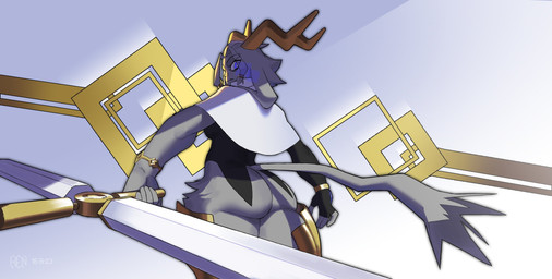anthro antlers big_butt blue_eyes butt dream_breaker_(pseudoregalia) eyebrows female fur grey_body grey_fur horn long_ears long_tail looking_at_viewer looking_back looking_back_at_viewer solo tail text thick_eyebrows thick_thighs weapon ruttinren pseudoregalia sybil_(pseudoregalia) bovid caprine domestic_cat felid feline felis goat jackalope lagomorph leporid mammal rabbit 2023 absurd_res artist_name dated digital_media_(artwork) hi_res signature