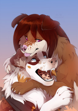 black_kerchief black_neckerchief blue_eyes blup brown_body brown_fur brown_hair brown_markings cheek_tuft claws duo eye_contact facial_tuft fangs female feral feral_with_hair floppy_ears freckled_face freckles fur hair hug hugging_another kerchief kerchief_only long_snout looking_at_another male markings mostly_nude multicolored_tongue neckerchief neckerchief_only neckwear nude open_mouth open_smile pink_nose pink_tongue purple_eyes smile smiling_at_another snout spots spotted_body spotted_fur spotted_markings spotted_tongue teeth tongue tuft two_tone_nose two_tone_tongue white_body white_claws white_fur azzai australian_shepherd canid canine canis domestic_dog herding_dog mammal pastoral_dog sheepdog 2019 colored digital_drawing_(artwork) digital_media_(artwork) shaded
