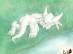 eyes_closed feral fur grass male open_mouth plant river sleeping solo tail white_body white_fur wings ratteu dragon_drive mythology chibisuke dragon mythological_creature mythological_scalie scalie