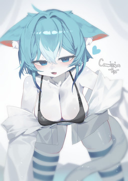anthro big_breasts blue_eyes blue_hair blush bottomwear breasts cleavage clothed clothing cute_fangs fangs female female_anthro fur hair half-closed_eyes heart_symbol kemono leaning leaning_forward legwear narrowed_eyes open_mouth panties pattern_bottomwear pattern_clothing pattern_legwear pattern_panties pattern_underwear solo striped_bottomwear striped_clothing striped_legwear striped_panties striped_underwear stripes tail teeth thigh_highs tongue underwear white_body white_fur chimimoryo domestic_cat felid feline felis mammal 2025 absurd_res digital_media_(artwork) hi_res