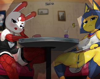 anthro anus biped blue_hair breasts butt clothed clothing detailed_background duo eyelashes female fishnet_clothing fishnet_legwear genitals hair inside legwear looking_at_viewer mouth_closed no_underwear presenting presenting_vulva pupils red_hair shadow spread_legs spreading thick_thighs thigh_highs vulva white_body yellow_body mdthetest animal_crossing nintendo ankha_(animal_crossing) tiffany_(animal_crossing) villager_(animal_crossing) domestic_cat felid feline felis lagomorph leporid mammal rabbit 2026 hi_res