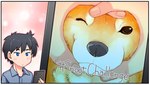 2021 ambiguous_gender black_hair blue_eyes canid canine canis cellphone clothing domestic_dog duo electronics feral hair holding_cellphone holding_object holding_phone holding_smartphone human male mammal meme phone shiba_inu shirt smartphone snoot_challenge soukosouji spitz topwear