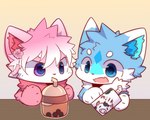 anthro beverage biped blue_body blue_eyes blue_fur bubble_tea duo fur kemono male milk_carton pink_body pink_fur purple_eyes shocked white_body white_fur vnight6 canid canine fox mammal 2024 5:4 hi_res