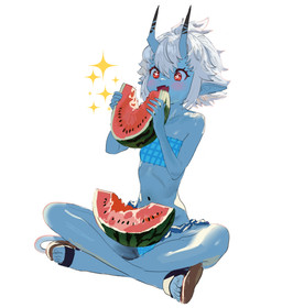 blue_body blue_clothing blue_skin blue_swimwear blush clothing eating female flat_chested food footwear fruit hair horn humanoid_pointy_ears markings melon navel open_mouth plant pointy_ears red_eyes sandals shoes simple_background sitting solo sparkles sparkling_eyes swimwear two-piece_swimsuit watermelon watermelon_slice white_background white_hair hintobento asian_mythology east_asian_mythology japanese_mythology mihoyo mythology zenless_zone_zero soukaku demon horned_humanoid humanoid oni yokai hi_res