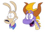 2_horns anthro black_eyes black_nose blue_clothing blue_shirt blue_topwear brown_horn clothing duo fur happy horn long_ears male multicolored_body multicolored_clothing multicolored_scales multicolored_shirt multicolored_topwear purple_body purple_clothing purple_eyes purple_scales purple_shirt purple_topwear scales shirt simple_background smile spikes spikes_(anatomy) tan_body tan_ears tan_fur tan_scales teeth three-quarter_view tongue toony topwear two_tone_body two_tone_clothing two_tone_scales two_tone_shirt two_tone_topwear white_background yellow_spikes 8-bit-britt activision mythology nickelodeon rocko's_modern_life spyro_the_dragon rocko_rama spyro dragon macropod mammal marsupial mythological_creature mythological_scalie scalie wallaby 2023 digital_media_(artwork) headshot_portrait hi_res portrait