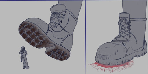 ambiguous_gender anthro army blood bodily_fluids boots clothing crush dirty_footwear dominant duo footwear gore micro shoes size_difference snuff stomping rubyglow anna_morozova bun_morozov lagomorph leporid mammal rabbit