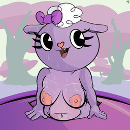 anthro areola big_areola big_breasts breasts buckteeth cartoon_eyes eyelashes female hair long_eyelashes navel nipples overweight overweight_female plant pool_float purple_body purple_bow slightly_chubby slightly_chubby_female smile solo swimming_pool teeth toony tree water wet white_hair amespinkinson happy_tree_friends lammy_(htf) bovid caprine mammal sheep 1:1 hi_res