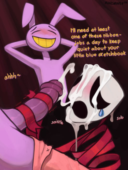 anthro blackmail blush bodily_fluids crying cum cum_drip cum_on_face dialogue dripping duo ejaculation eyes_closed female forced genital_fluids handjob hands_behind_head hands_behind_own_head looking_pleasured male male/female penile purple_body rape ribbons_(anatomy) sex smile talking_to_another talking_to_partner tears text marsminer glitch_productions the_amazing_digital_circus gangle_(tadc) jax_(tadc) lagomorph leporid mammal rabbit digital_drawing_(artwork) digital_media_(artwork) english_description english_text hi_res