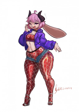 anthro big_butt big_ears bottomwear butt camel_toe clothing collar cute_fangs denim denim_bottomwear denim_clothing denim_shorts fangs female fishnet_clothing fishnet_legwear flat_chested footwear form_fitting fur glistening glistening_hair glistening_latex glistening_legs glistening_thighs hair high_heels high_waisted_bottomwear horn jacket latex latex_clothing latex_legwear latex_topwear legwear looking_at_viewer navel open_mouth pink_body pink_fur pink_hair purple_eyes raised_hand seam_(sewing) shoes shorts simple_background solo teeth thick_thighs tongue topwear tube_top white_background shanher lagomorph mammal 2024 dated hi_res