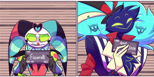 420_(number) 69_(number) anthro blue_body blue_feathers blue_hair blush border chest_tuft clothed clothing duo embarrassed feathers fool's_hat green_sclera hair hat headgear headwear heart_symbol jester_outfit male mugshot open_clothing open_shirt open_topwear red_eyes shirt smile smug tear_trough top_hat topwear tuft two_panel_image white_border white_face norithelord barbie_and_ken_mugshot_meme hellaverse helluva_boss asmodeus_(helluva_boss) fizzarolli_(helluva_boss) avian_demon demon humanoid imp 2023 hi_res