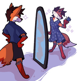 anthro bottomwear brown_hair butterfly_on_finger clothed clothed_anthro clothed_female clothed_male clothing dress duo eyes_closed female fur hair hands_on_hips happy looking_at_mirror looking_at_object male mirror orange_body orange_fur pose rear_view red_body red_fur reflection self_love shirt shorts smile star tail topwear white_body white_fur wide_stance batruse ferox_(feroxdoon) arthropod butterfly canid canine fox insect lepidopteran mammal red_fox true_fox hi_res genderfluid_(lore) nonbinary_(lore)