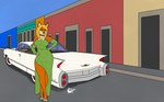 anthro clothed clothing detailed_background female fur hair smile solo vehicle delta_dewitt cadillac canid canine canis fox mammal digital_media_(artwork)