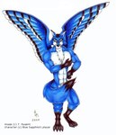 abs anthro back_wings biceps black_markings black_nose blue_body blue_feathers blue_fur chest_tuft digitigrade feathered_wings feathers feet fur hindpaw looking_at_viewer male markings muscular muscular_anthro muscular_male nipples nude paws pecs snout solo standing tail tuft white_body white_fur wings t._nugent avian bird blue_jay canid canine corvid fox hybrid jay_(bird) mammal new_world_jay oscine passerine 2000 colored_pencil_(artwork) full-length_portrait portrait shaded traditional_media_(artwork)