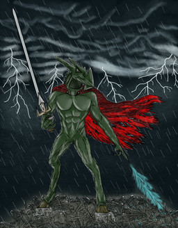anthro bone breath cloak clothing cloud electricity fire hooves horn lightning magic_user male melee_weapon muscular pile raining solo storm sword thunder weapon wet wind dragon171 nemesis alien demon absurd_res hi_res