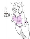 anthro babydoll beverage big_breasts blush breasts clothing coffee container cup female fur half_asleep horn long_ears nightgown nipples solo thick_thighs translucent translucent_clothing translucent_topwear white_body white_fur superlolian undertale undertale_(series) toriel boss_monster_(undertale) bovid caprine mammal 2017