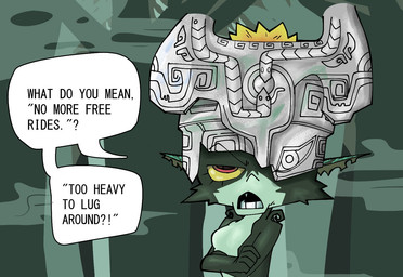 angry breasts clothing crossed_arms crown dialogue disappointed featureless_breasts female fog fused_shadow green_body green_skin grumpy headgear headwear humor one_eye_obstructed open_mouth red_eyes solo speech_bubble teeth text yellow_sclera dotodonoto nintendo the_legend_of_zelda twilight_princess midna humanoid imp english_text