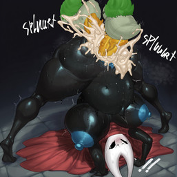 abdominal_bulge anal anal_penetration anthro anus belly big_breasts black_background black_body blue_anus blue_nipples blue_vulva blush bodily_fluids breasts cloak clothing cross-popping_vein cum cum_in_ass cum_in_vagina cum_inflation cum_inside cum_splatter double_penetration excessive_cum excessive_genital_fluids female female_penetrated forced genital_fluids genitals group inflation male male/female male_penetrating male_penetrating_female nipples on_ground penetration penis rape red_cloak red_clothing sex shaking simple_background small_but_hung spiked_penis spikes spikes_(anatomy) splurt spread_legs spreading sweat thick_thighs trio upside_down vaginal vaginal_penetration vein veiny_penis vulva yellow_penis khaio hollow_knight:_silksong hollow_knight_(franchise) team_cherry hornet_(hollow_knight) arthropod insect mossmir 2025 absurd_res hi_res